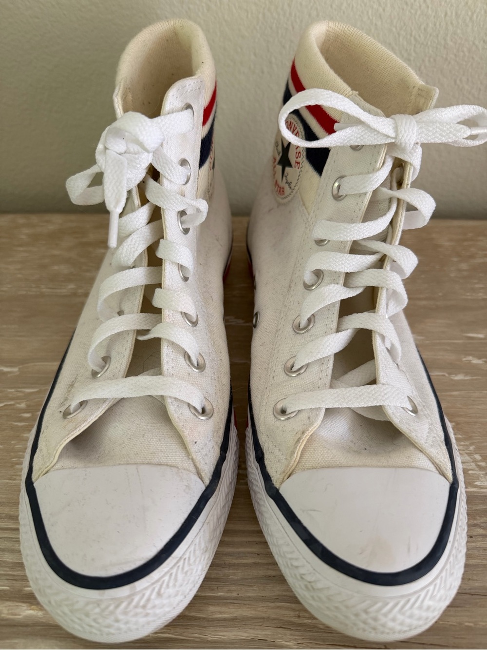 Converse High Top Sneakers in White with Red & Navy Accents- Mens 6 / Womens 8